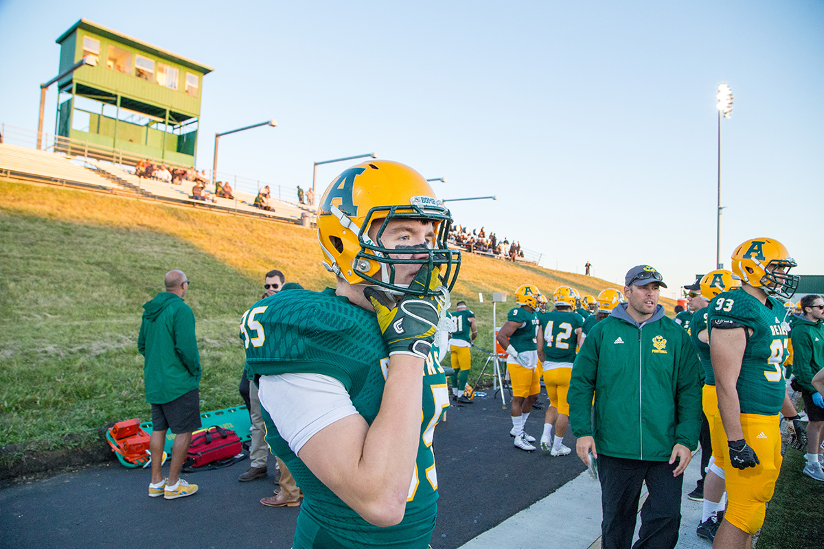 First-year linebacker Luke Sperry looks on from the sidelines. 