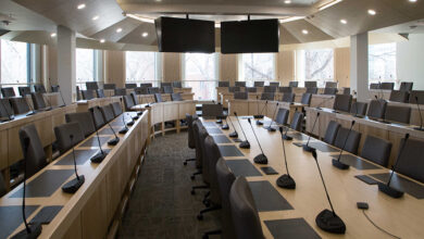 Microphones on tables in council chambers