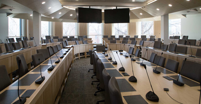 Microphones on tables in council chambers