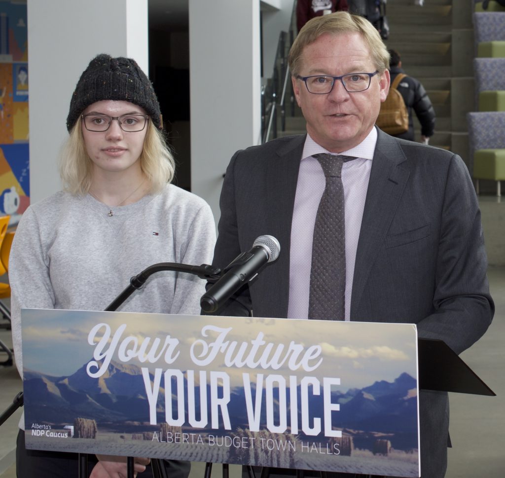 David Eggan, shadow critic for advanced education, at an NDP event responding to announced tuition increases at the U of A after the MacKinnon Report was released