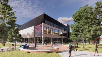 A design mockup of the outside of SUB where we can see the renovated Myer Horowitz theatre.