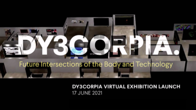 This is the DY3CORPIA gallery poster, with the name "Intersections of the Body and Technology" and the launch date — July 17 2020.