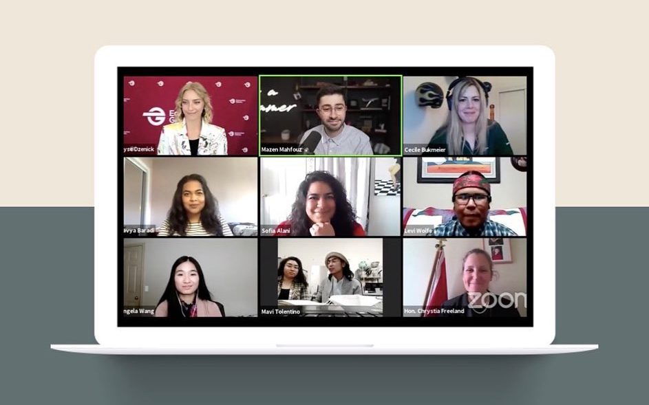Variety of nine video call attendees