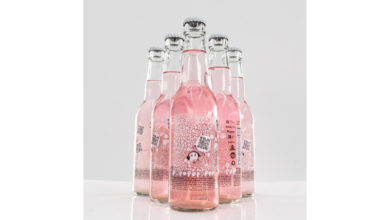 An image of the POPOPOPOPOP bottles. They are glass bottles full of pink soda with a label on the front.