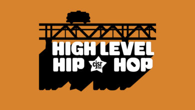 The High Level Hip Hop podcast logo on a wide orange background.