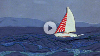 A screencap of "Distant Islands" showing a boat with a half red half white mast.