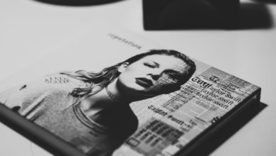 A photo of a black-and-white Taylor Swift album.