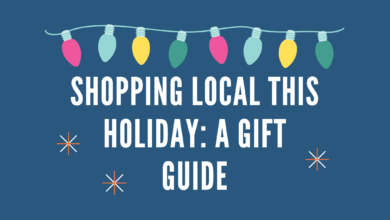 On blue screen with text saying "Shopping local this holiday: a gift guide"
