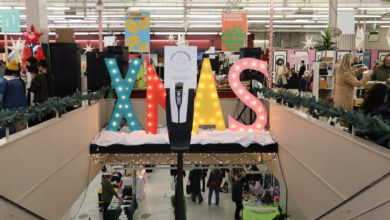 A photo of the stairwell leading to the downstairs portion of the Edmonton Christmas Market.