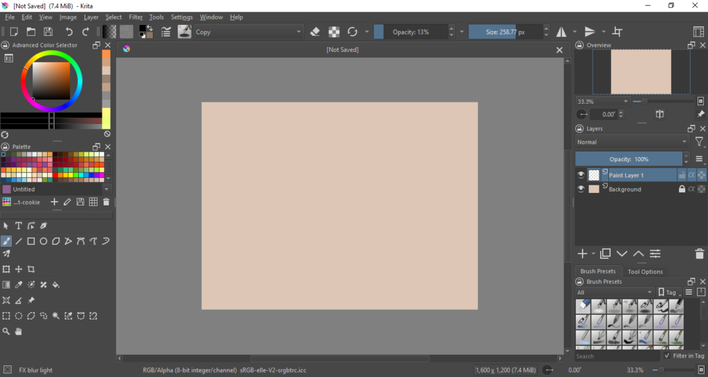 A photo of Krita, a digital art software, setup.