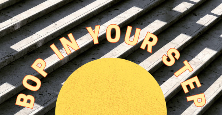 A half sun sits in the centre of the photo with curved "bop in your step" text curved around it. Background image is by Martino Pietropoli on Unsplash.