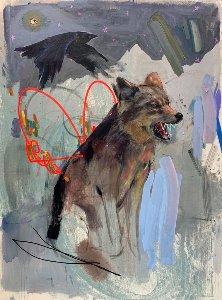 A painting from Ally McIntyre of a wolf. There are red and black markings on the painting.