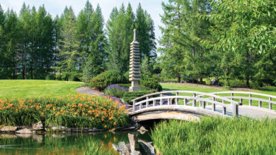 A photo of the Kurimoto Japanese Garden. A bridge over a lake in a green field can be seen.