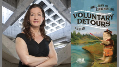 A photo of Professor Lianne McTavish with her arms crossed and the book cover beside her.