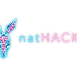 Logo for natHACKS which includes a bright blue and pink rabbit.