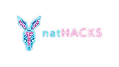 Logo for natHACKS which includes a bright blue and pink rabbit.