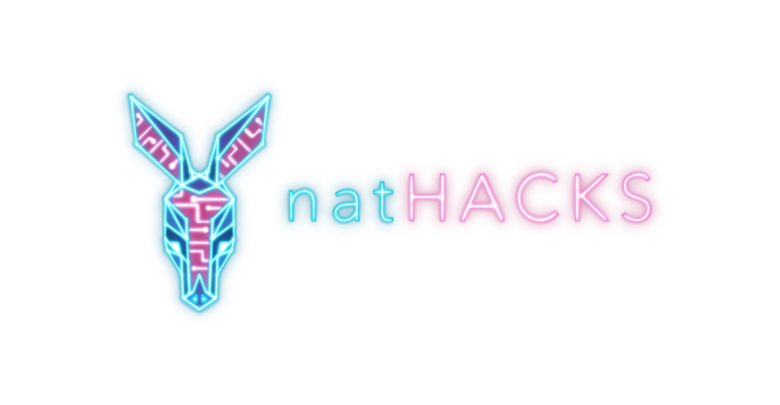 Logo for natHACKS which includes a bright blue and pink rabbit.