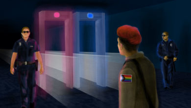 Photo of a trans traveller walking through a scanner