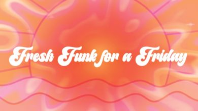Pink and orange psychedelic water splashes cover a simple graphic of a sun and the sea. The text "Fresh Funk for a Friday" is displayed in the middle of the graphic. GRaphic is created by Megan Posyluzny on PicsArt using free stock images.