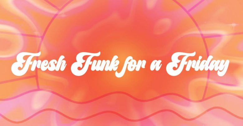 Pink and orange psychedelic water splashes cover a simple graphic of a sun and the sea. The text "Fresh Funk for a Friday" is displayed in the middle of the graphic. GRaphic is created by Megan Posyluzny on PicsArt using free stock images.