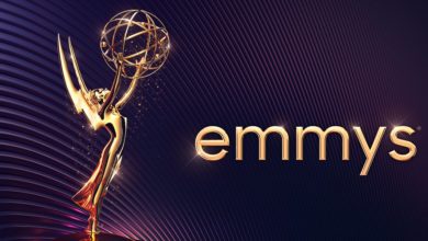 A graphic of the classic Emmys award. The background is mostly dark purple with a minimalistic metallic circular pattern. The text "emmys" is displayed next to the award in a minimal sans font. Image taken from the Television Academy's Twitter page.