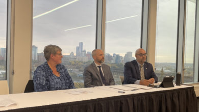 Lisa Young (left), Eric Adams (middle), and Jared Wesley (right) discussing the proposed Alberta Sovereignty Act, photo by Lily Polenchuk
