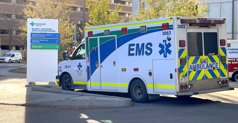 emergency ambulance standing outside Walter C. Mackenzie Health Sciences Centre