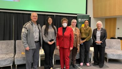 Isha Datar, Ellen Goddard, William Shotyk, Gleise M. Silva, and Alison Sunstrum standing in a line at the University of Alberta's Chancellor Food Forum.