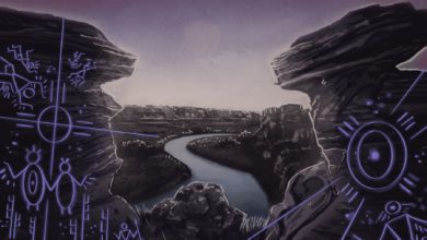 Áísínaí’pi Alberta Park’s cover image for advertising Writing on Stone (Áísínaí’pi) with glowing illustrations of images found in the park.