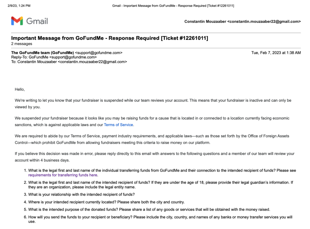 Screenshot of emails with GoFundMe