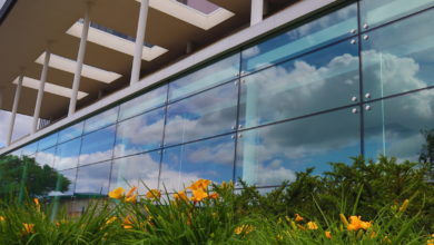 U of A Students' Union Building SUB summer flowers outside